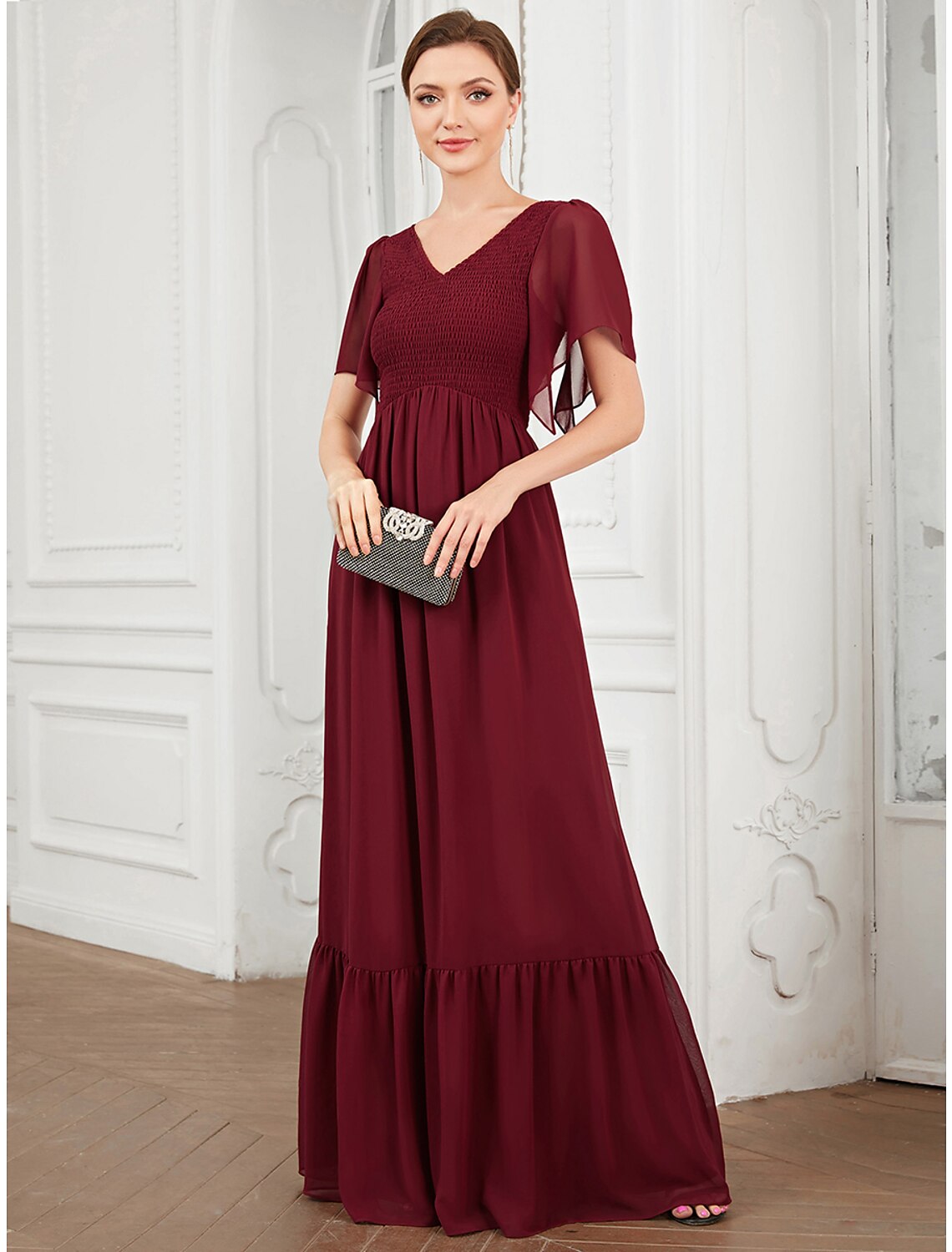 Wholesale  A-Line Prom Dresses Elegant Dress Party Wear Wedding Guest Floor Length Short Sleeve V Neck Chiffon with Pleats